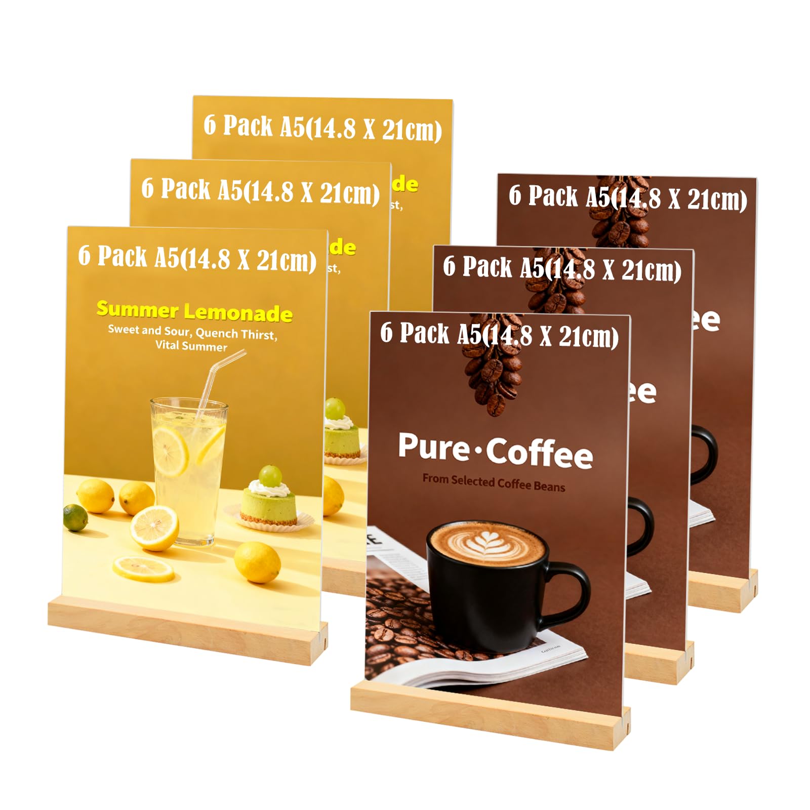 Lot de 6 Présentoir A5 (14,8 x 21 cm) en acrylique avec base en bois, porte affiche A5, porte menu pour tables, double face pour menus, affiches, mariage, restauran