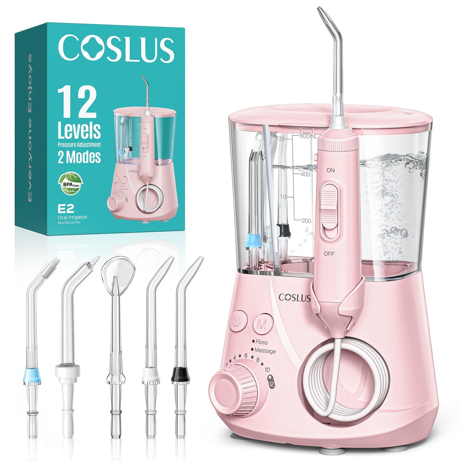 COSLUS E2 Advanced Water Dental Flosser Teeth, 2 Modes 12 Pressure Settings | Electric Pick for Orthodontic, Braces, Sensitive Gums - Home Use, 5 Jet Tips for Multiple Family Users, Pink, Standard Set