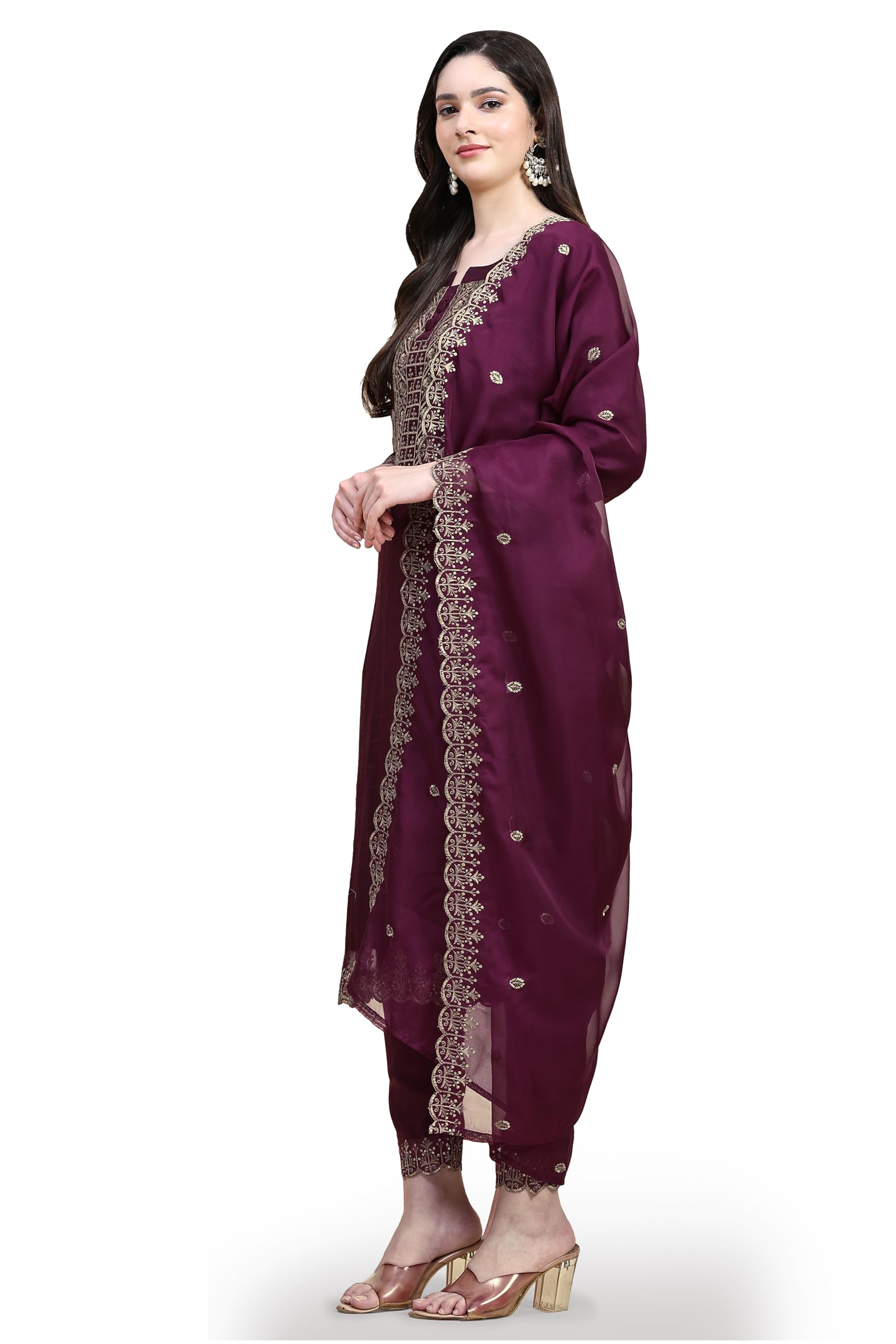 Trendmalls Damen Baumwolle Stickerei Salwar Anzug Set Kurta Hose mit Dupatta Lila Kurta Set für Frauen
