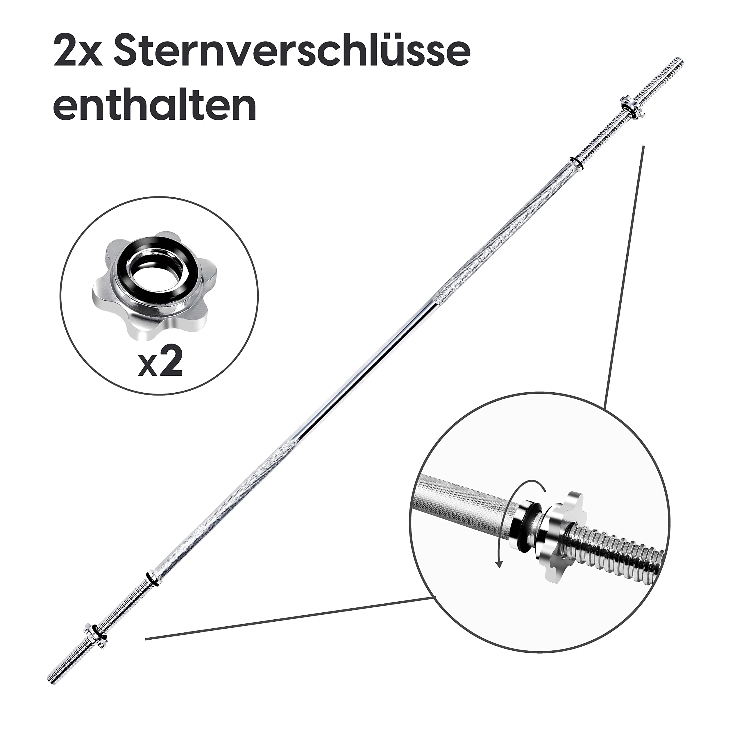 wuuhoo® Barre d'haltère Longue Henry – 180cm, 150cm ou 120cm Barre de Musculation, Ø25mm Standard, Acier chromé, Poignées moletées – capacité 70 kg - 90 kg