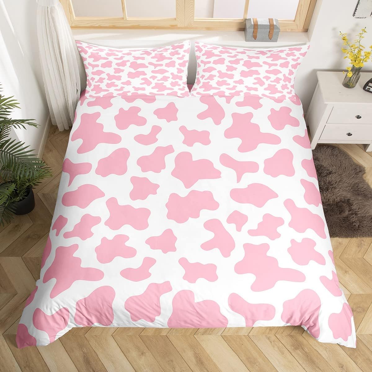 Homewish Boys Multi 01 Kid Cartoon Bedding Set Pink Cow Print Duvet Cover King,Milk Cow Animal Cowhide Comforter Cover Farm Animals Quilt Cover For Toddler Teen Girls Farmhouse Bull Cattle Kawaii Room Decor