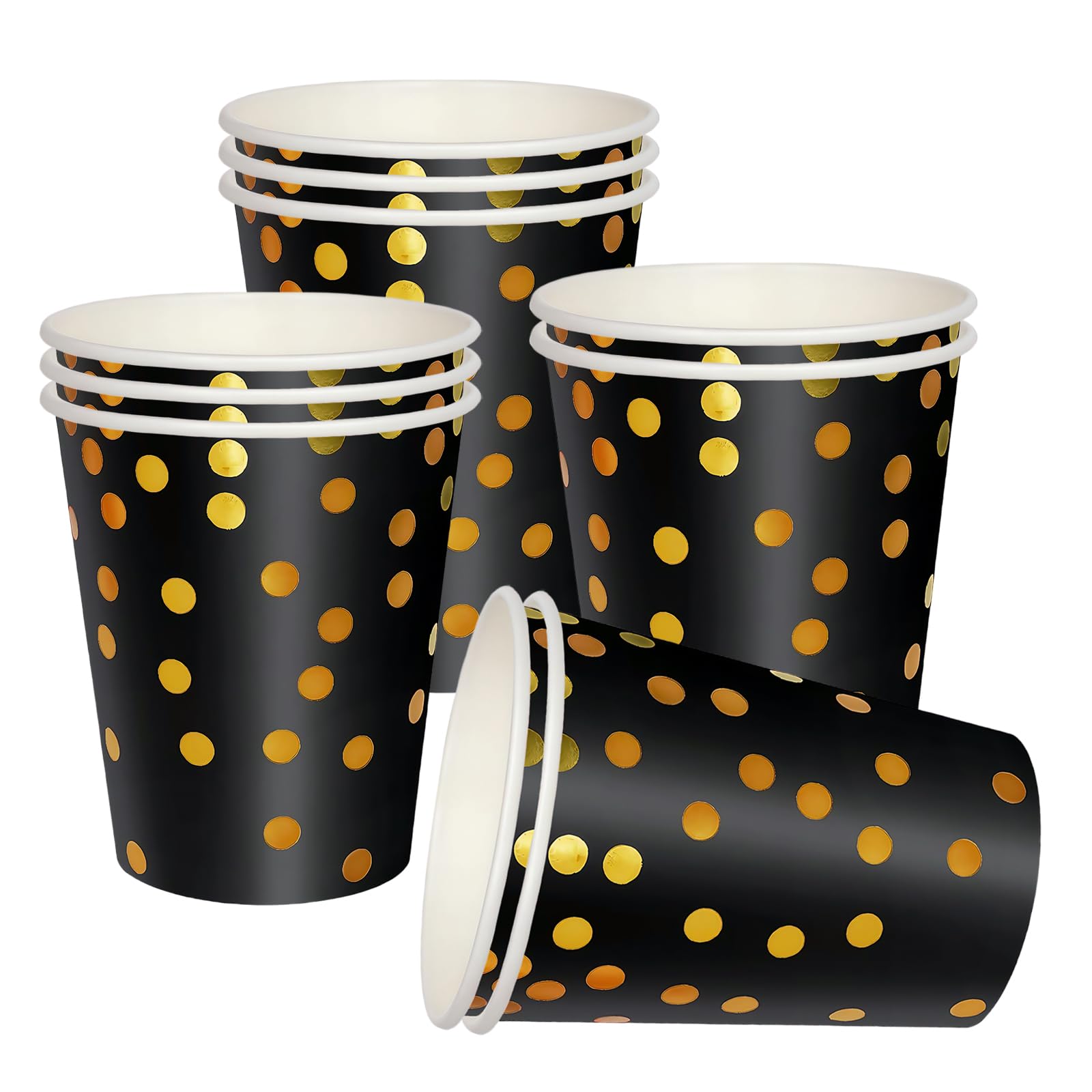 RONGZUBAT 10pcs Black Disposable Party Paper Cups,Golden Dot Black Cup Disposable Party Drinking Coloured Paper Cups for DIY Holiday,Picnic,Weddings,Birthday Party Cup Table Decorations