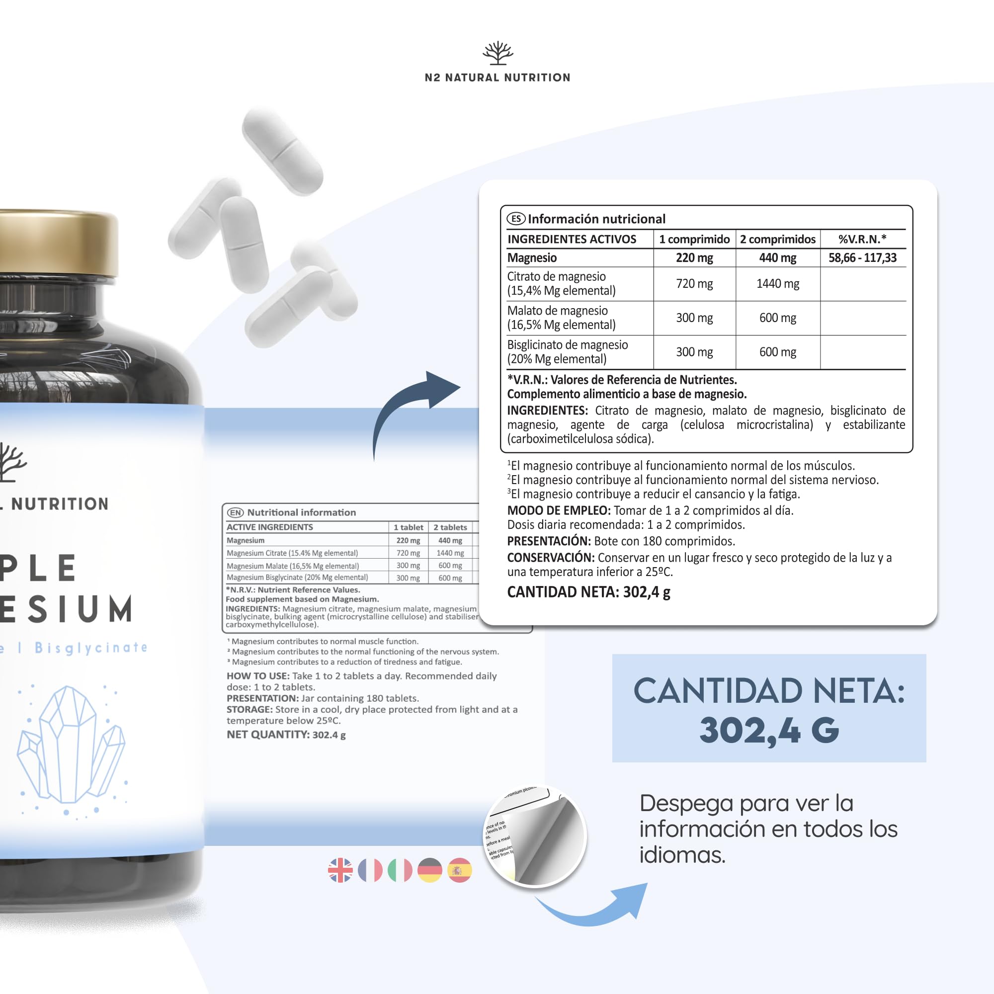 Citrato de Magnesio 1440mg + Magnesio Bisglicinato 600mg + Malato 600mg. 440mg de Elemental de Alta Biodisponibilidad. Reduce Cansancio, Alivia Dolor Articulaciones y Músculos. 3 meses. N2