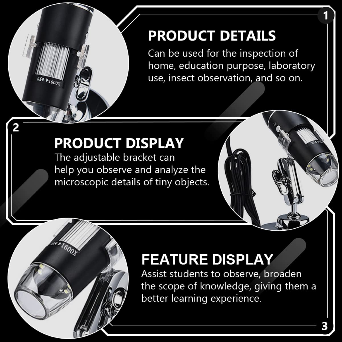 Mobestech Microscopio Digital 1600x Soporte Ajustable para Uso Doméstico y Educativo