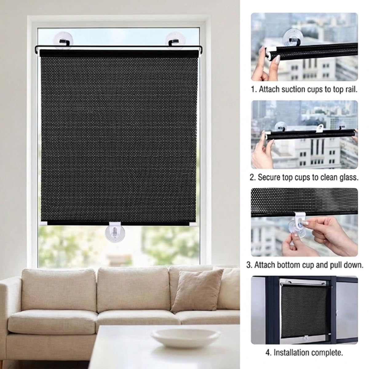 Tende Oscurante a Rullo con Ventose Senza Fori, Parasole da Interno Termico per Finestra, Balcone, Ufficio e Auto, Tapparella Portatile, Nera, Protezione UV(23"Wx64"H)