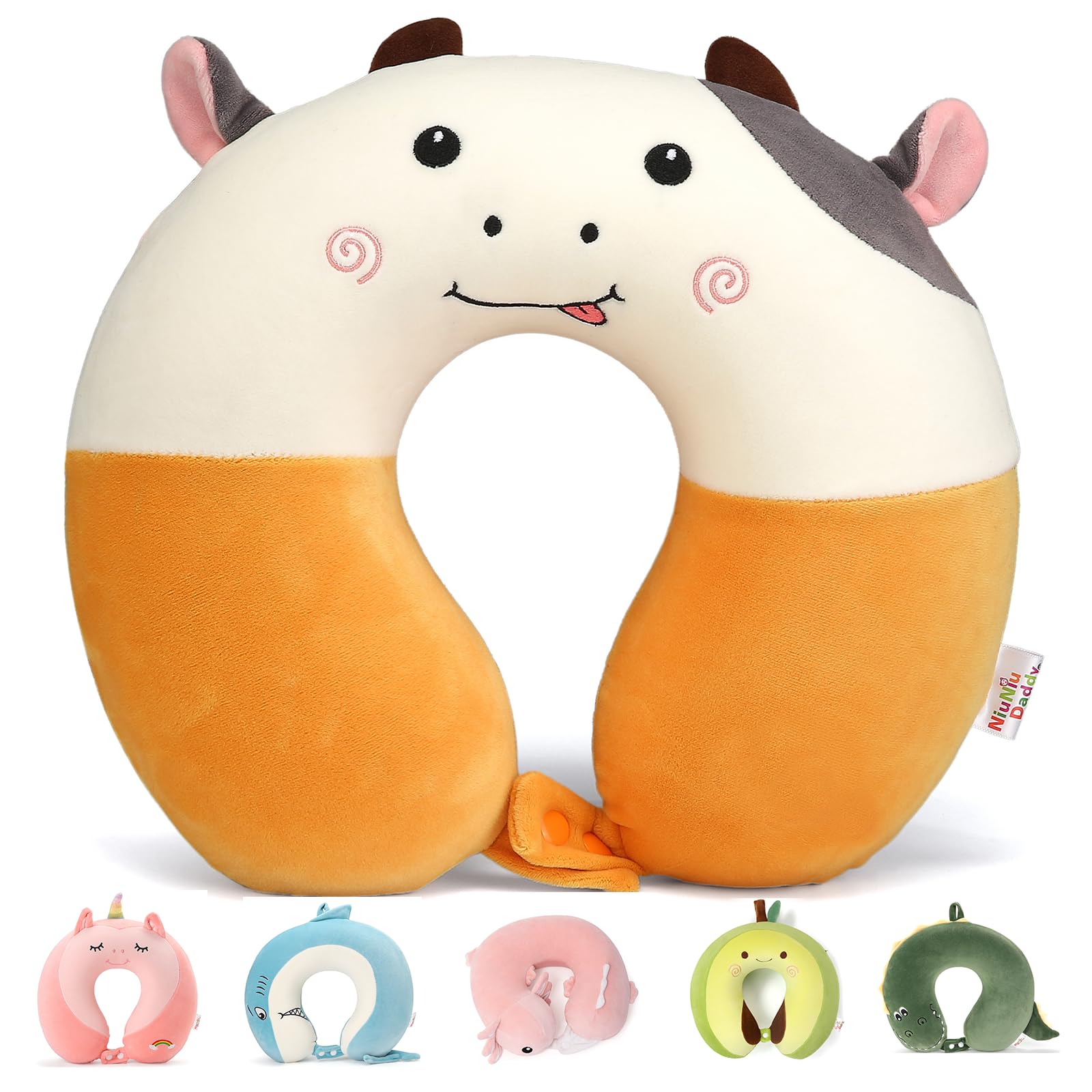 Memory Foam Travel Neck Pillow for Teens and Adults, Removable Cover, Cow