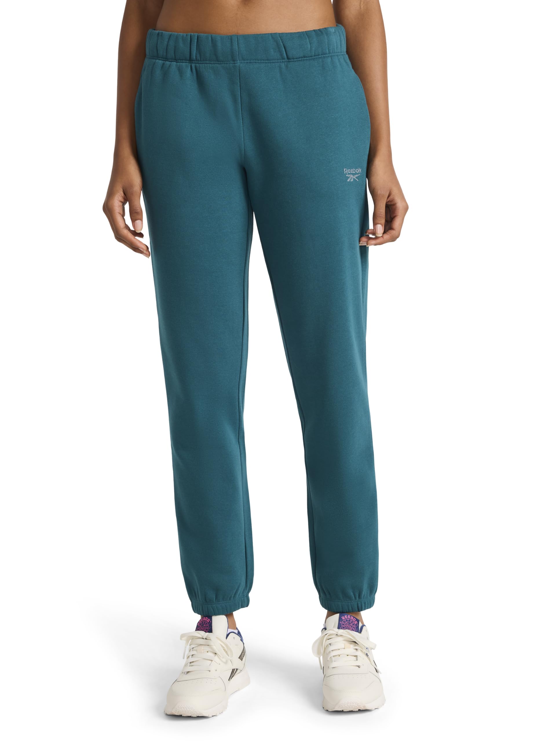 Reebok Women's Rhinestone Jogger, Standard Fit, 30 Inch Inseam, Midweight Cotton-Poly Fabric Tracksuit Bottoms, Retro, Teal, Large