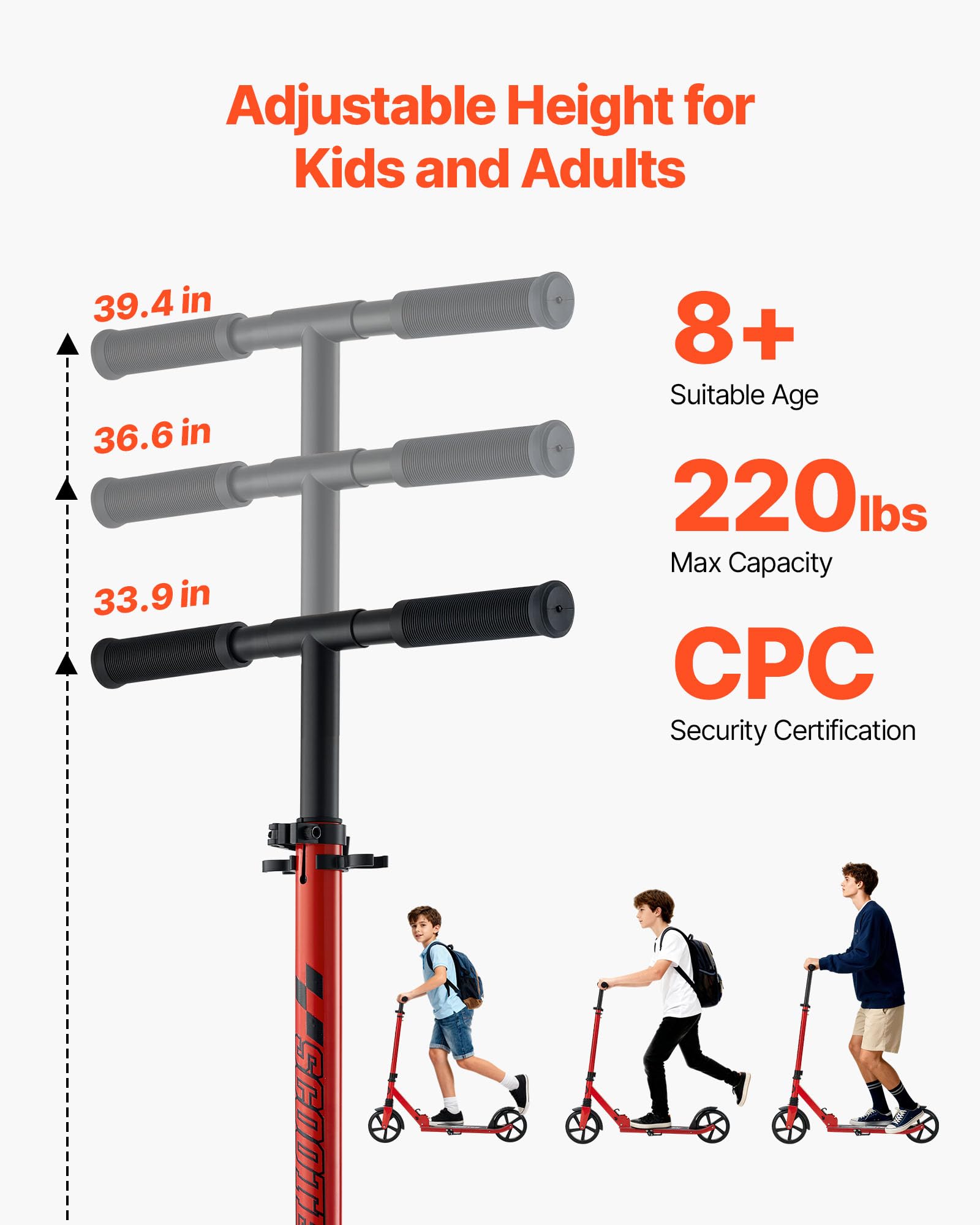 VEVOR Trottinette pour Enfants 8 Ans et Plus, Ados et Adultes, patinette à 2 Roues, Guidon réglable en Hauteur, Plateau antidérapant, Pliable et légère pour garçons et Filles à 100 kg