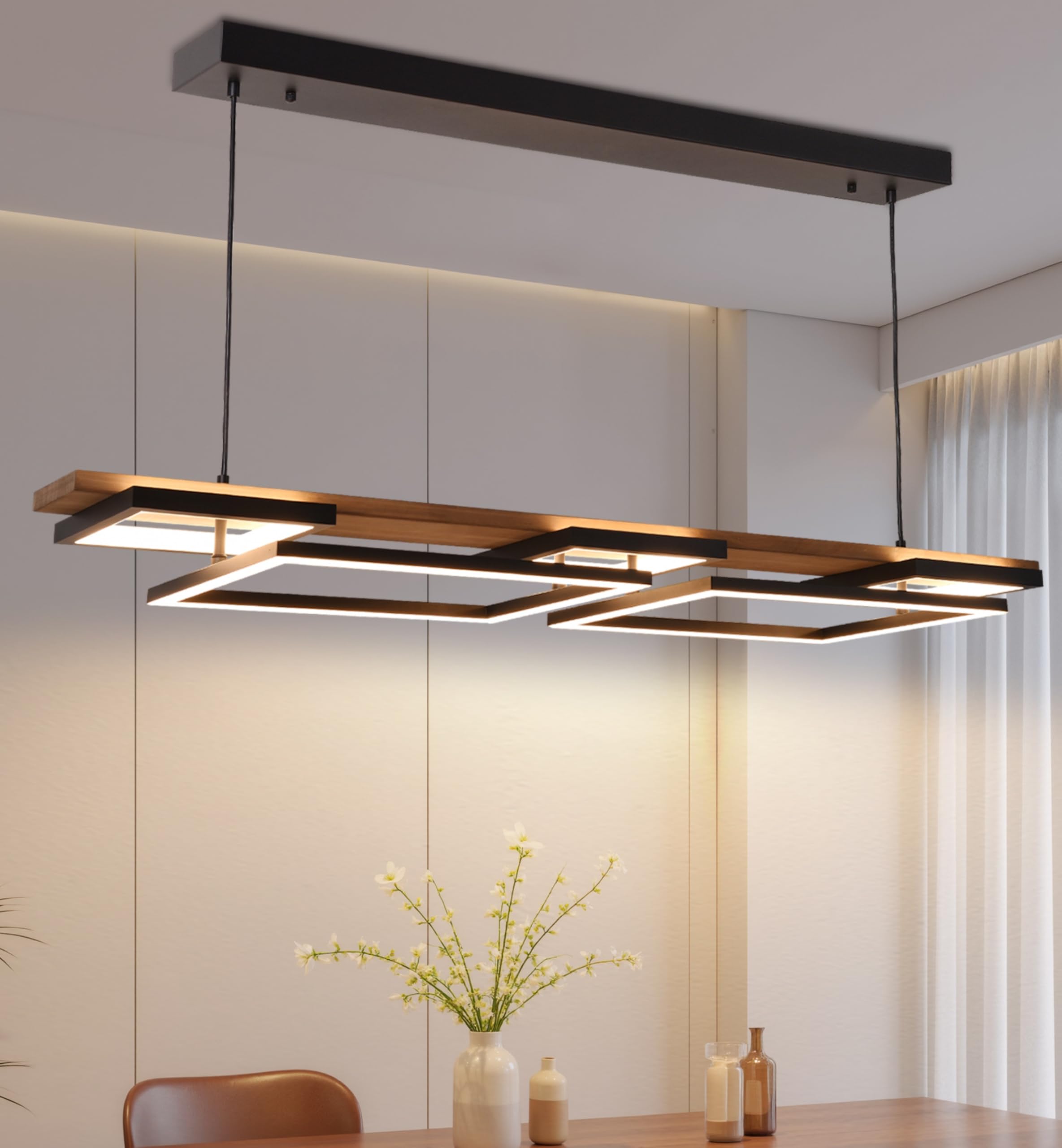 Photo 1 of ***DAMAGED -CONNECTION -SELLING AS IS***   Vintage Wood LED Kitchen Island Light, 65W Stepless CCT Adjustable & Dimmable 47'' 2-Layer Wood Pendant Light Fixture with Remote, Ceiling Mounted Hanging Lamp for Dining Room, Bedroom?Black