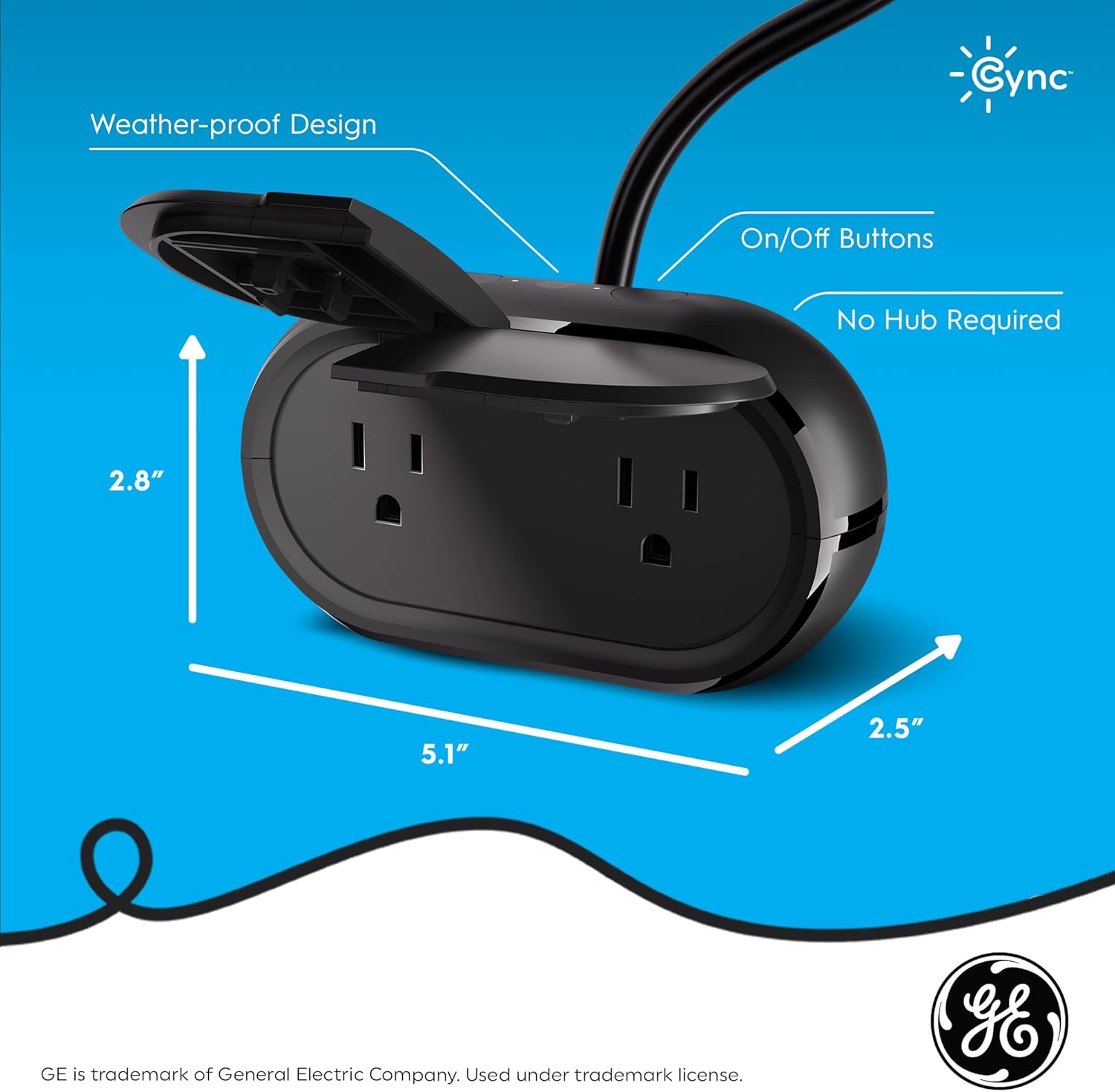 GE CYNC Outdoor Smart Plug, Bluetooth and Wi-Fi Outlet Socket, Works with Alexa and Google Home, Weather Resistant Plug, Voice Control Outlet (1 Pack)