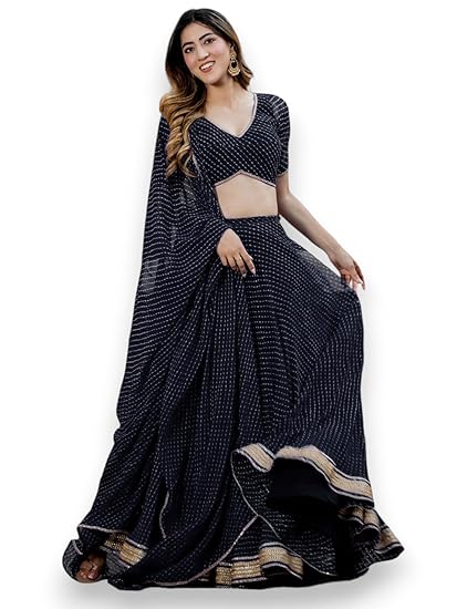 Women's Leheriya Print Pure Georgette New Semi Stitched Lehenga Choli With Dupatta (Latest-Stylish-Wedding-Designer-New)