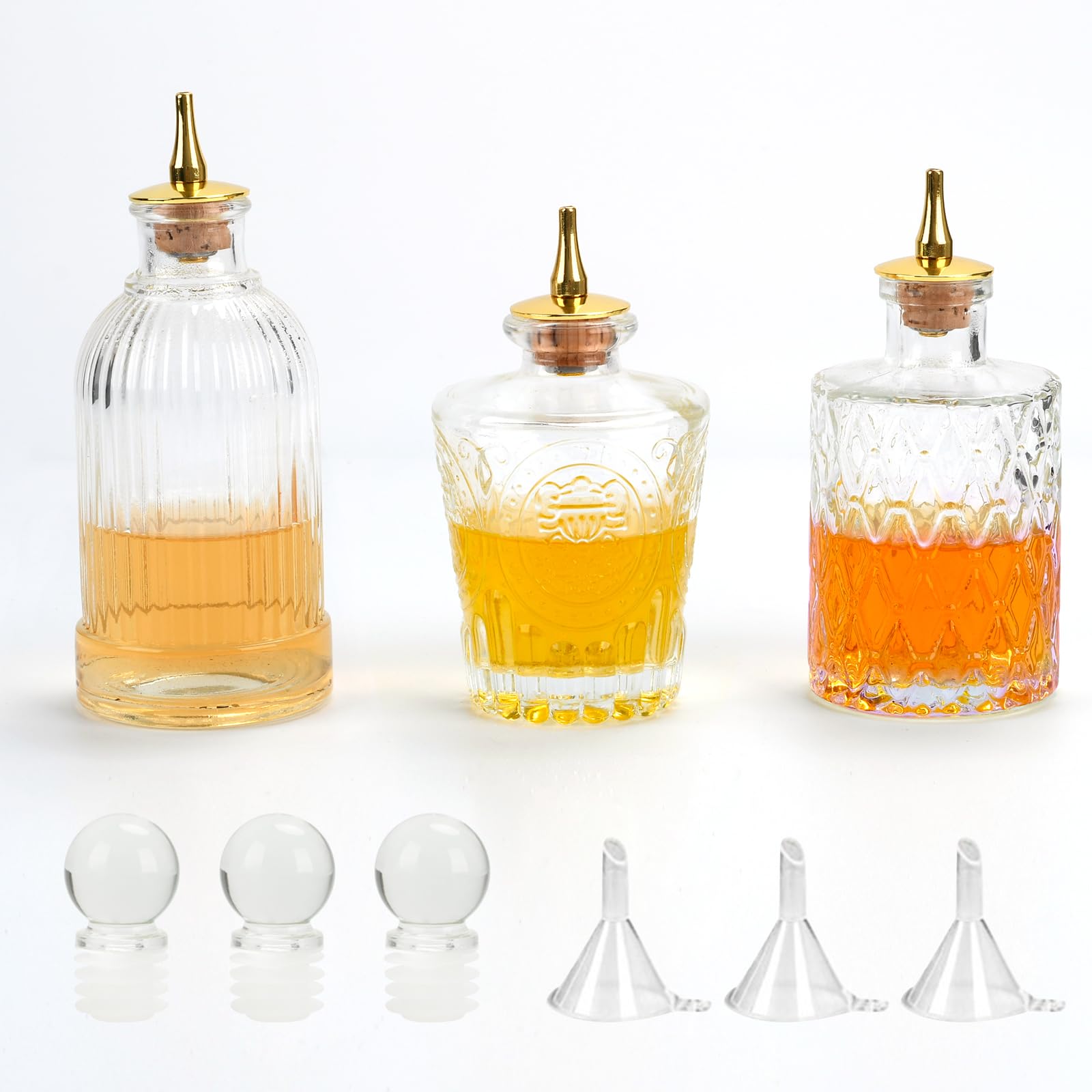 Lot de 3 bouteilles en verre vintage avec bec verseur en métal et bouchons d'étanchéité, distributeur de sirop de café pour café, kit de fabrication de cocktails et distributeur d'huile