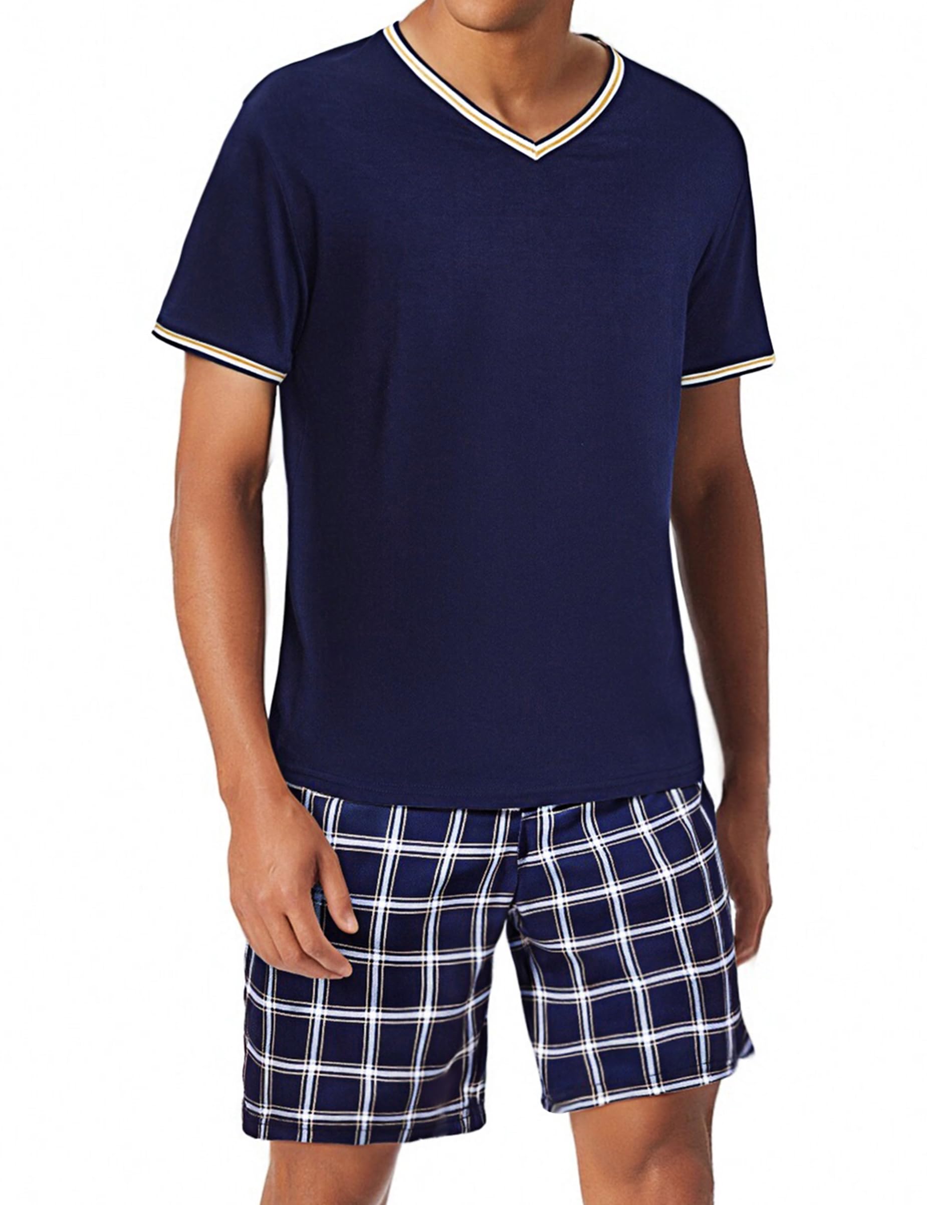 Bresdk Schlafanzug Herren kurz Baumwolle Sommer Pyjama Set Nachtwäsche Kurzarm V-Ausschnitt und Shorty Schlafanzughose