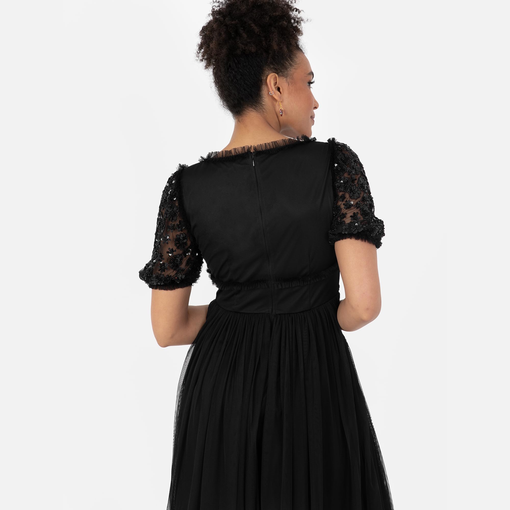 Maya Deluxe Women's Ladies Midi sukienka krótkie rękawy Sweetheart Neckline 3D Floral Embellished Ruffle Tiul A-line Occasion czarna 38, czarny, 38