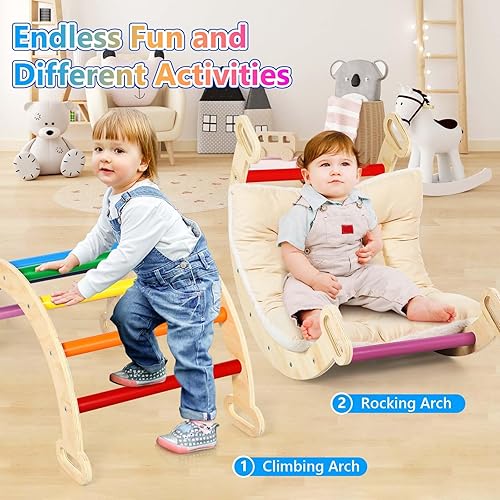Miniatura 5 de Hoohtoot Juguetes de escalada 5 en 1 para niños pequeños en el interior juego de triángulos de Pikler arcoíris con rampa deslizante de arco