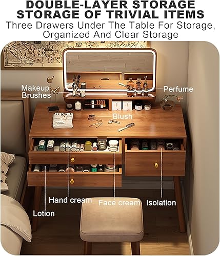 Miniatura 3 de Tocador con espejo de luces, escritorio de maquillaje de madera con taburete acolchado, moderno escritorio de tocador para dormitorio con taburete