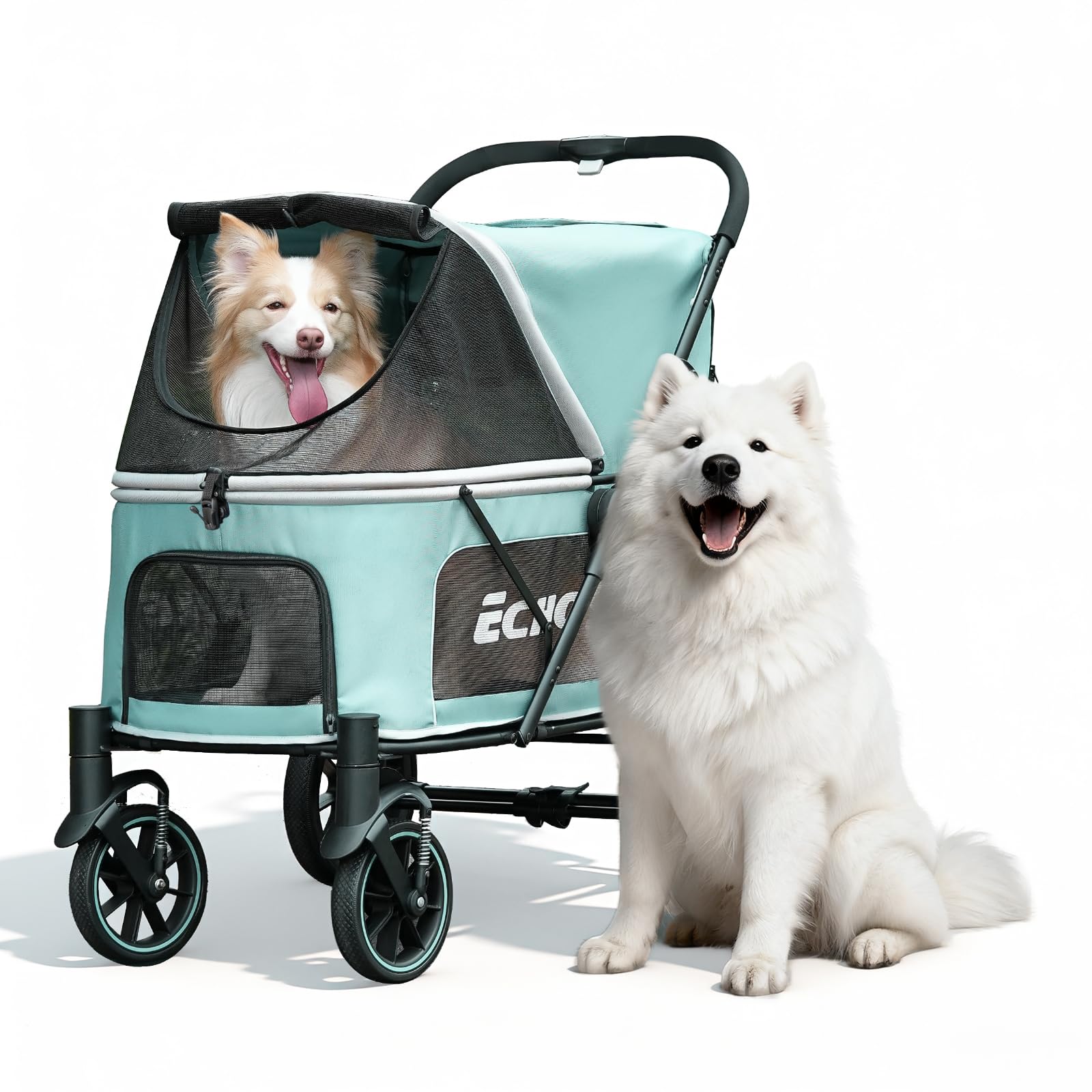 EchoSmile Cochecito para perros grandes de hasta 70 kg, plegable con ventana de red, asa ajustable y 4 ruedas todoterreno (verde + gris)