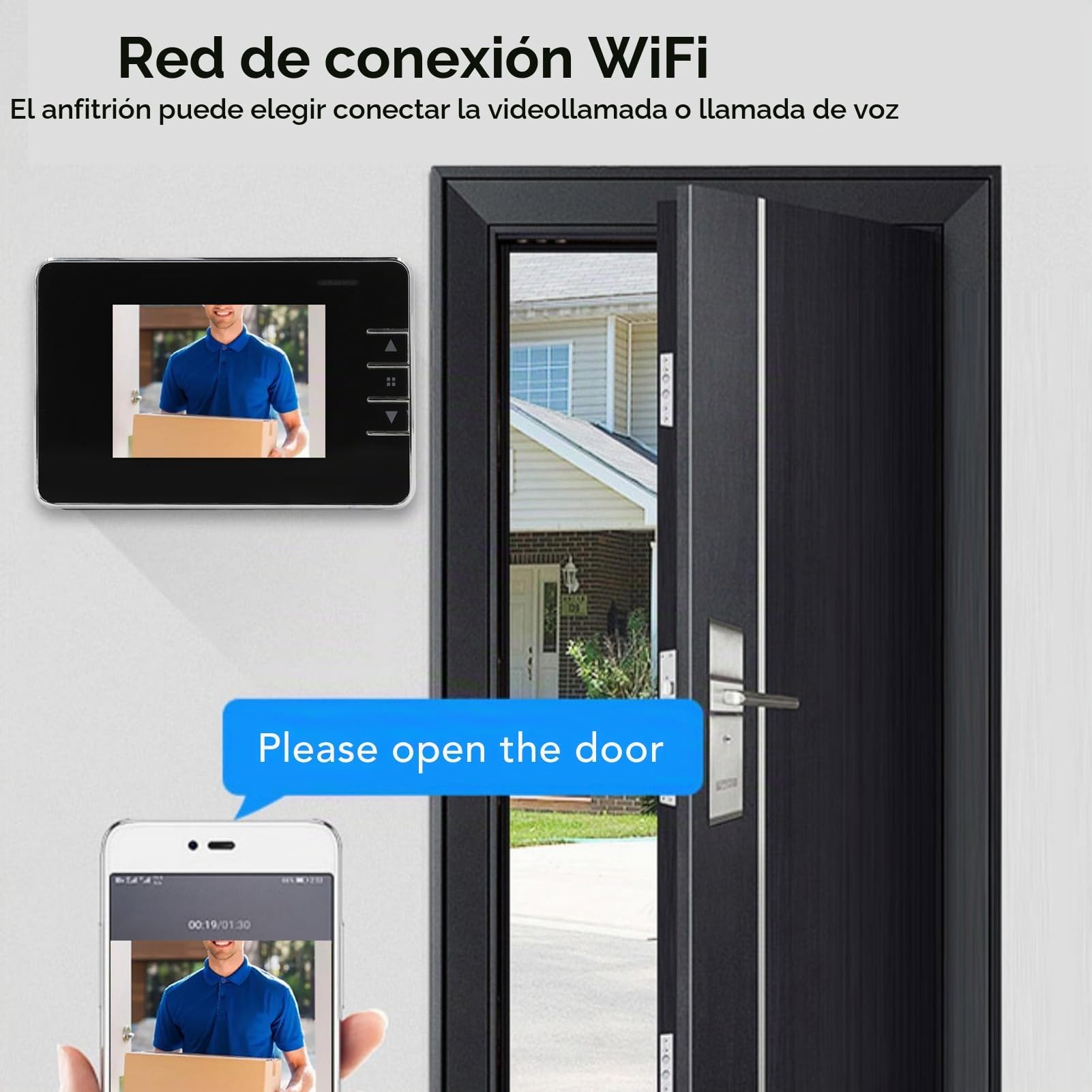 Cámara con Visor de Mirilla para Puerta, Timbre Visual Gran Angular 120°, Intercomunicador 2 Vías, Visión Nocturna HD, Monitor Interior con Batería Larga Duración, Material Premium