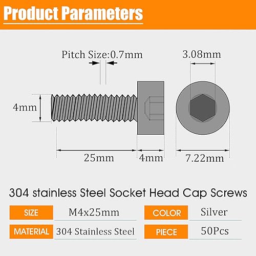 Miniatura 2 de M4-0.7 x Tornillo de cabeza hueca de 0.984 in, perno métrico, rosca completa, unidad hexagonal Allen, acabado brillante, rosca de máquina, rosca