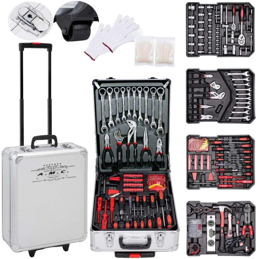 A.M.C. Trolley Porta Attrezzi, Set di Attrezzi da lavoro 849 Pezzi, Valigia Carrello Attrezzi professionale, Portautensili, Cassetta con 3 Cassetti, Trolley da Lavoro