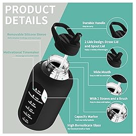 CIVAGO 64 oz Glass Water Bottle Jug with Straw and Handle, Half Gallon Sports Motivational Bottle with Time Marker, Large Flask Canteen with Silicone Sleeve for Gym, Army Green