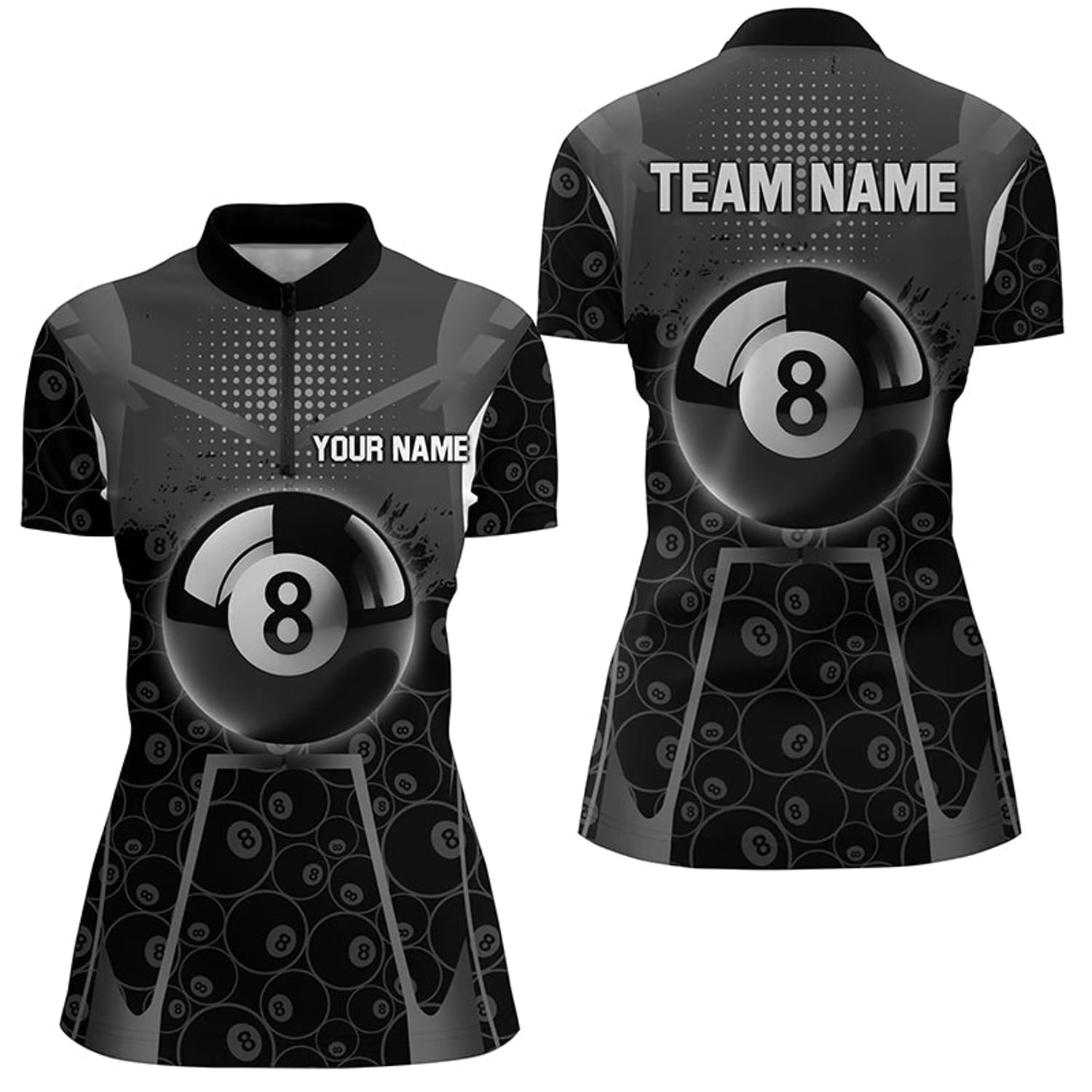 Personalized White Black 8 Ball Billiard 3D Quarter Zip Shirts for Women 8 Ball Pool Pattern Jerseys V1034