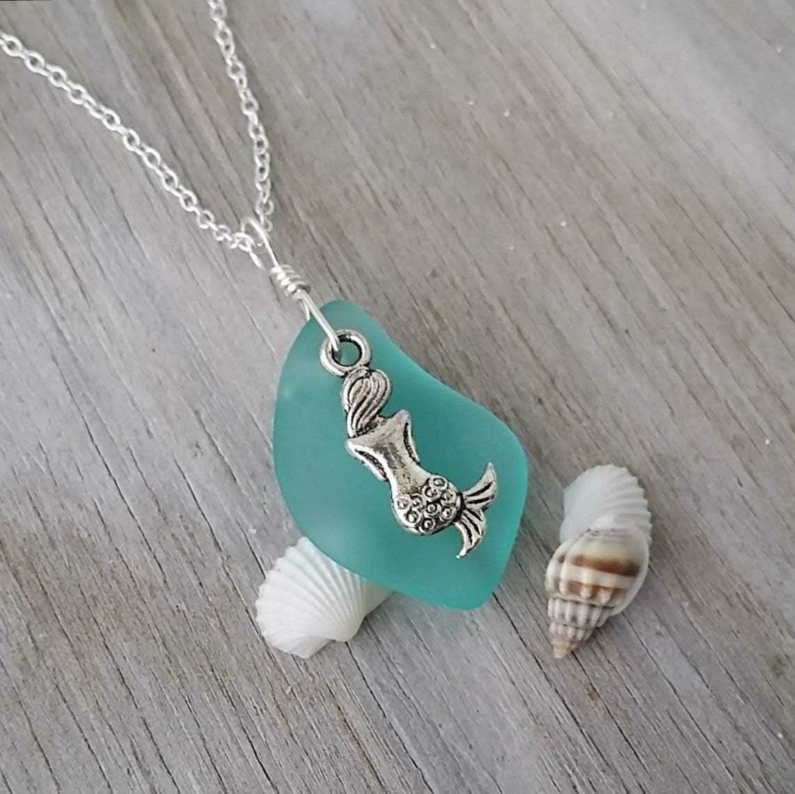 Handmade Aqua sea glass necklace, March Birthstone, Mermaid charm, (Hawaii Gift Wrapped, Customizable Gift Message)
