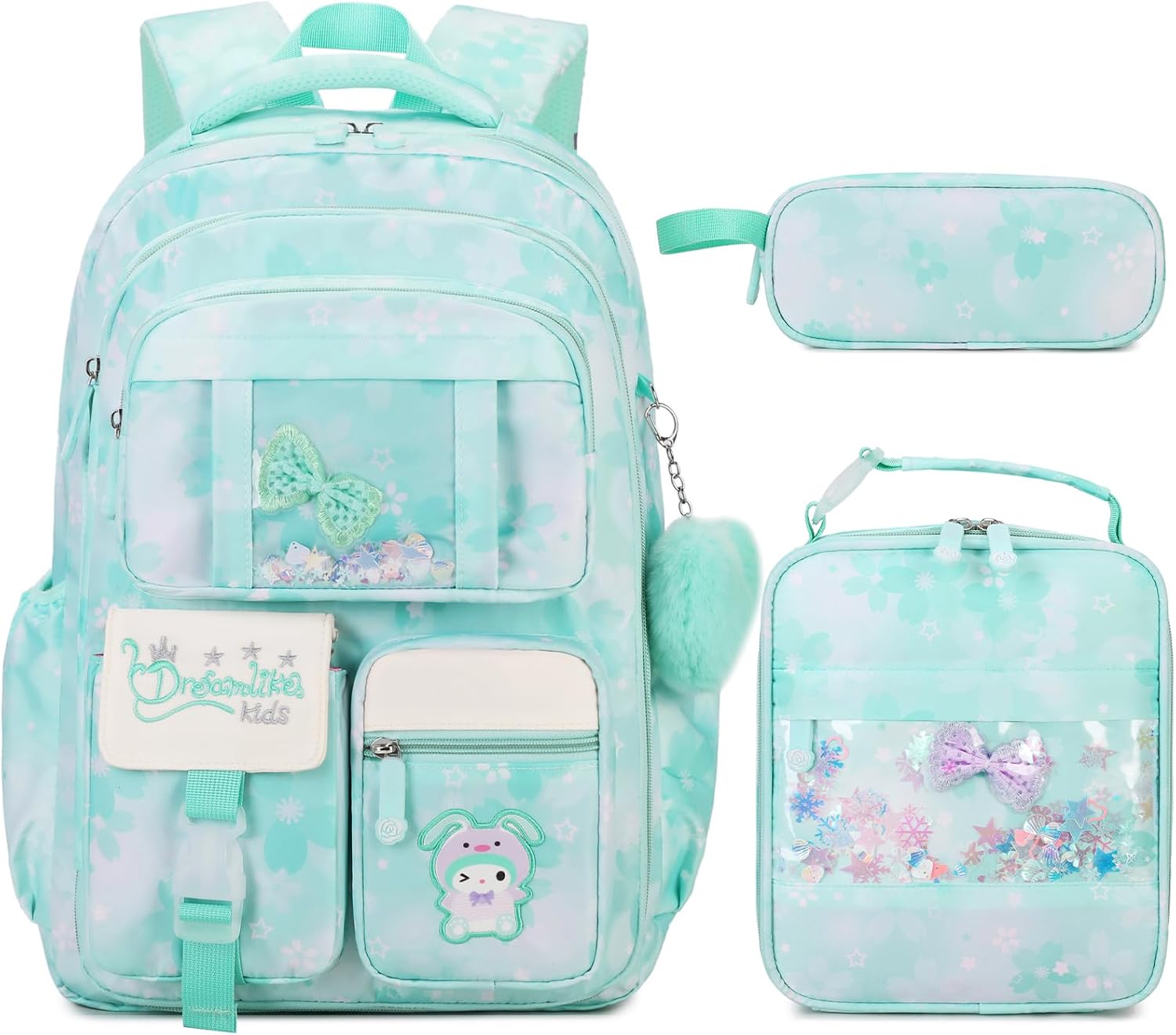 Backpacks for Girls, Girls Backpack with Insulated Lunch Box and Pencil Case for Kids Teens Elementary Middle High School Student, Cute Bow School Bag Travel Daypacks Book Bag Set (Pink)