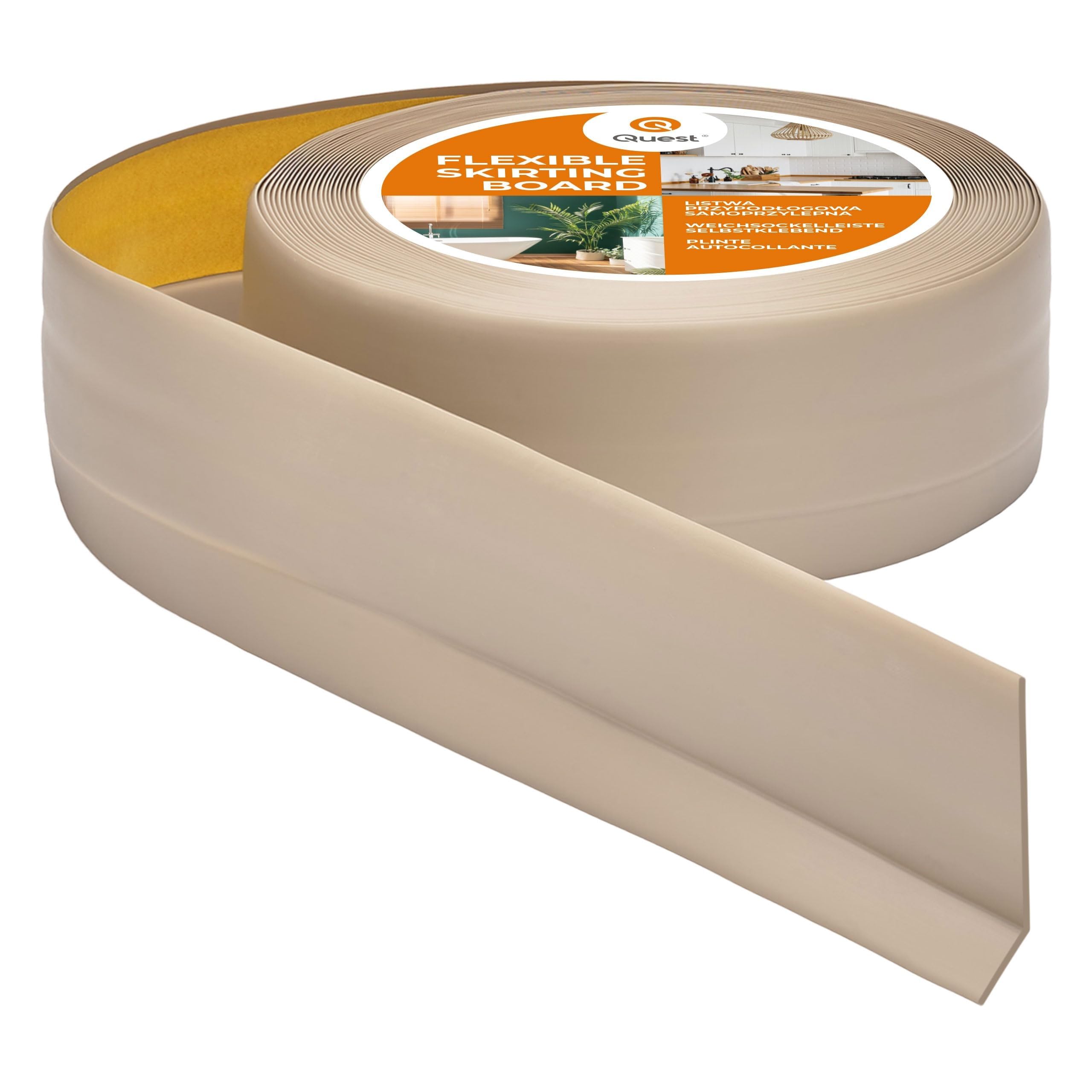 Quest Listwa przypodłogowa samoprzylepna PVC 50x20 mm – beżowy, 15 m | Miękki cokół podłogowy elastyczny, wykończenie styku ściany z podłogą, do domu i biura, montaż bez wiercenia, łatwe cięcie