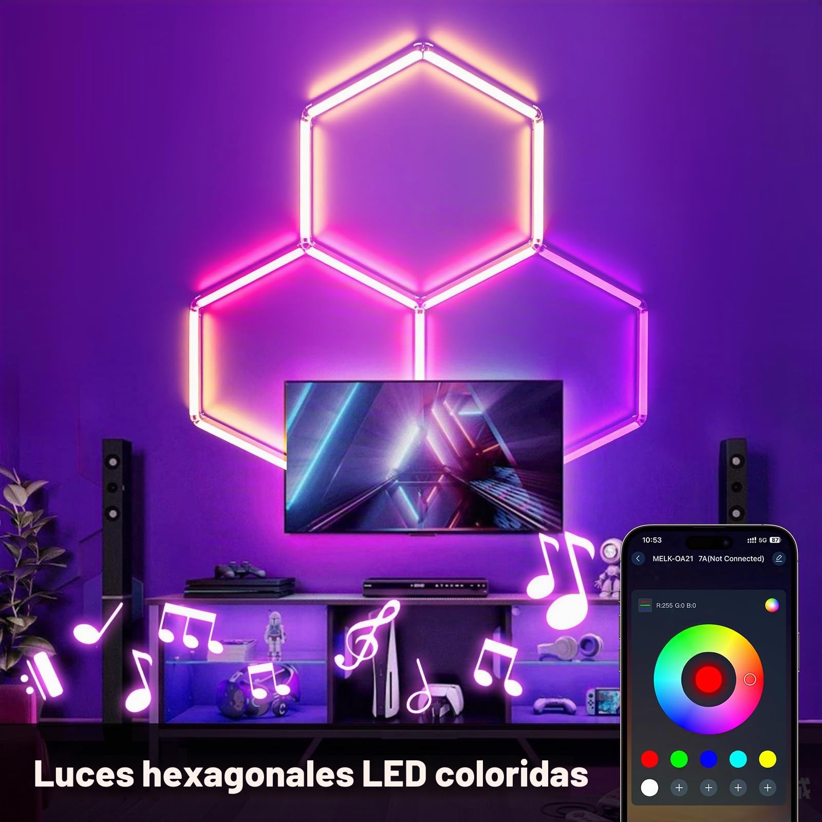 Iluminación LED RGB Hexagonal de 144W 3 Hex Lámpara de techo LED | Regulable conectable para GarajeTecho con Control Remoto/APP de Juegos, Fiestas y gimnasios, Salón de Belleza de automóviles