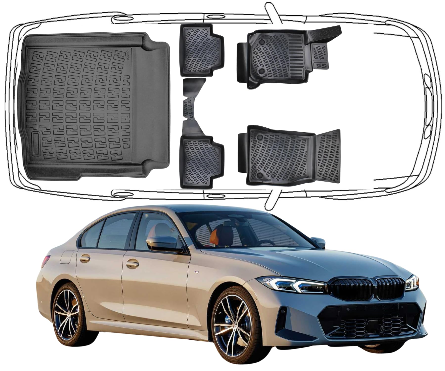 Trimak Dokładnie dopasowane dywaniki samochodowe 3D i mata do bagażnika, kompatybilne z BMW 3èr G20 Sedan Limousine 2017-2024, akcesoria samochodowe, na każdą pogodę, gumowe maty do bagażnika, do