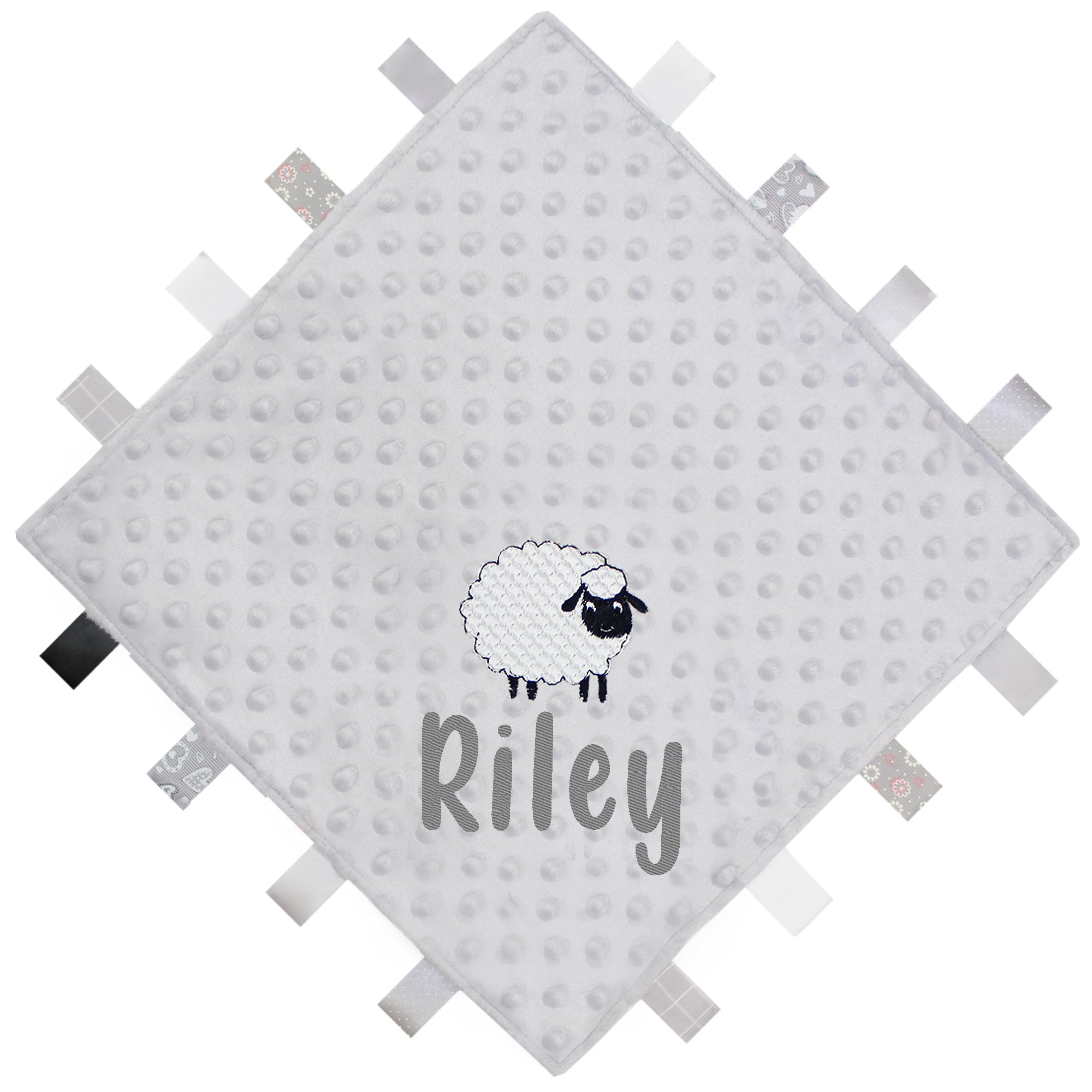TeddyT's Personalised Embroidered Sheep Baby Taggy Blanket Comforter (Grey) (Charcoal Grey)