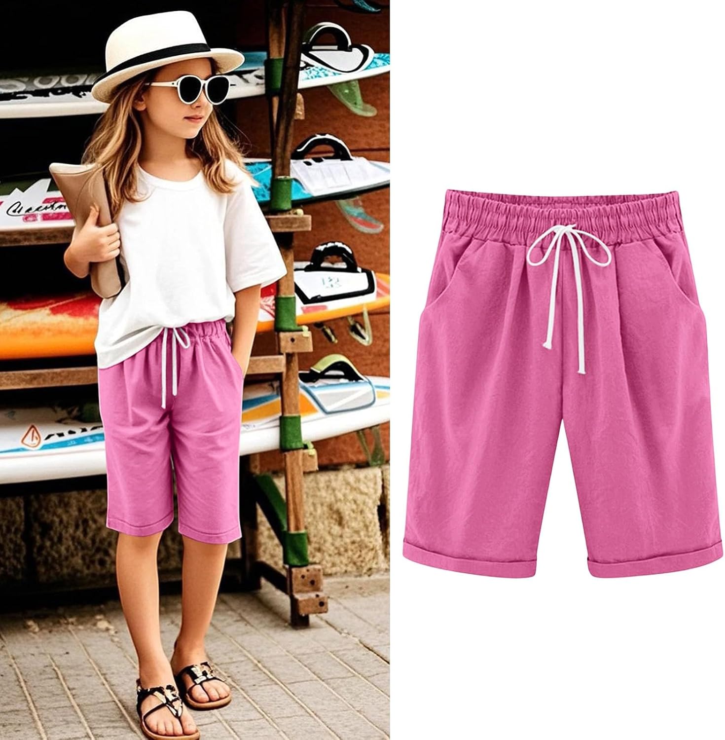 Bermuda Shorts for Girl Knee Length Elastic Waist Loose Casual Summer Linen Shorts Beach Vacation Cute Preppy Clothes