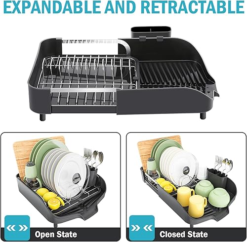 Miniatura 2 de Urackify Escurridor de platos extensible, escurridor de platos plegable, escurridor de platos ajustable para cocina, soporte para cubiertos y