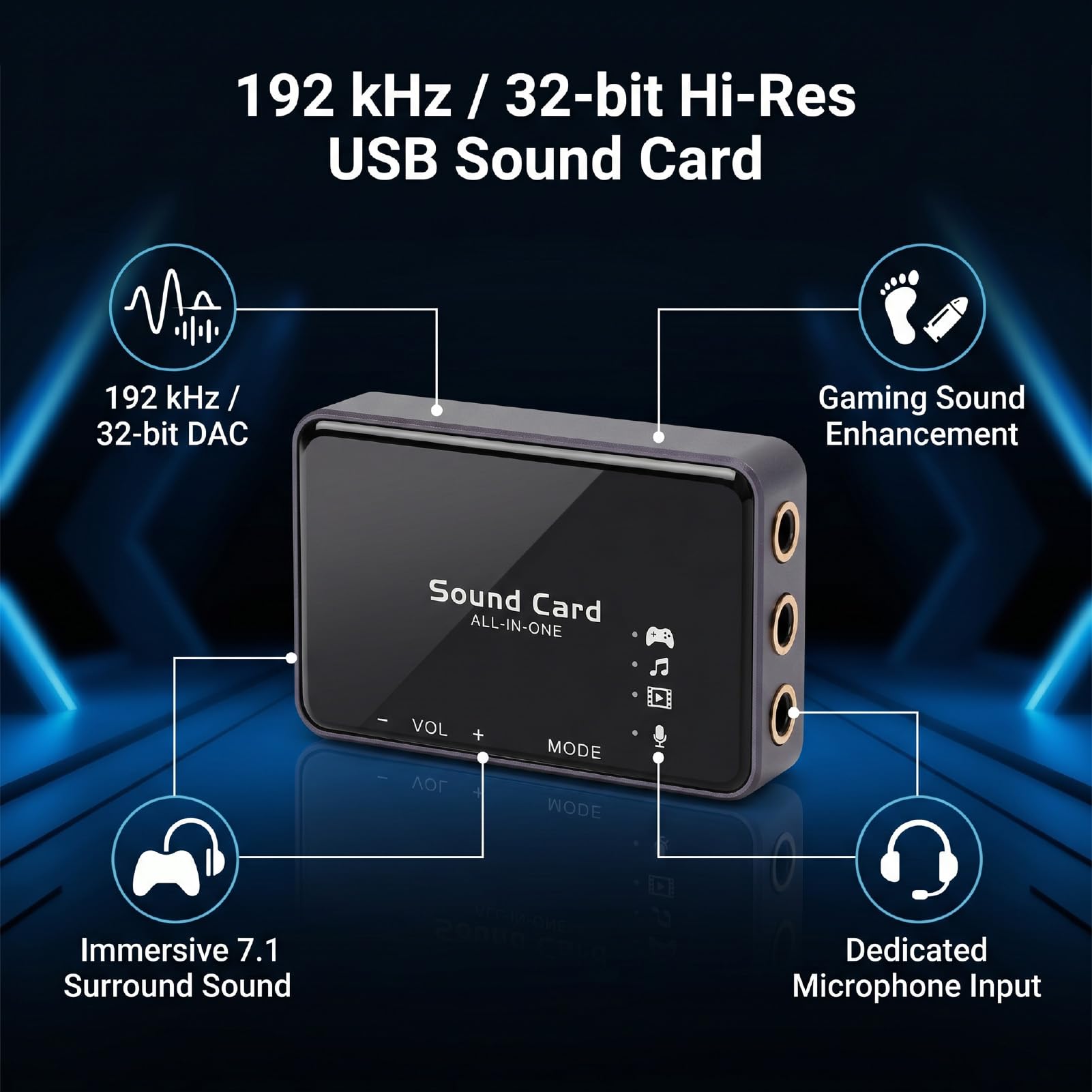 GOWENIC Soundkarte, Immersive Multi Mode, DAC-Adapter, Virtual 7.1 | 7.1 USB-Surround-Soundkarte, 192 KHz 32 Bit, Externer USB-A-Audio-Adapter, für PC-Gaming-Kopfhörermusik
