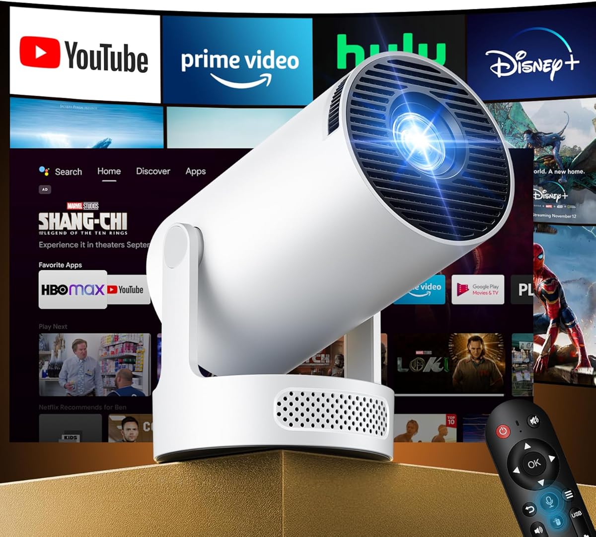 Kimwood Vidéoprojecteur Portable, [App intégrée] Mini Projecteur Video FHD 1080P avec Haut-parleur HiFi &Focale Ultra Courte Rétroprojecteur Android TV BT 5.4 Wi-Fi 6, Auto Correction Grand Projection