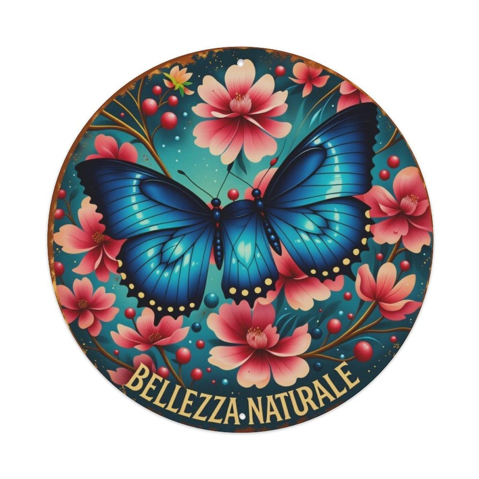 Vintage Blue Butterfly Floral Round Metal Tin Wall Sign Vintage Aluminium Metal Sign, Retro Wall Decor for Home, Bar, Garage & Farmhouse 20x20cm