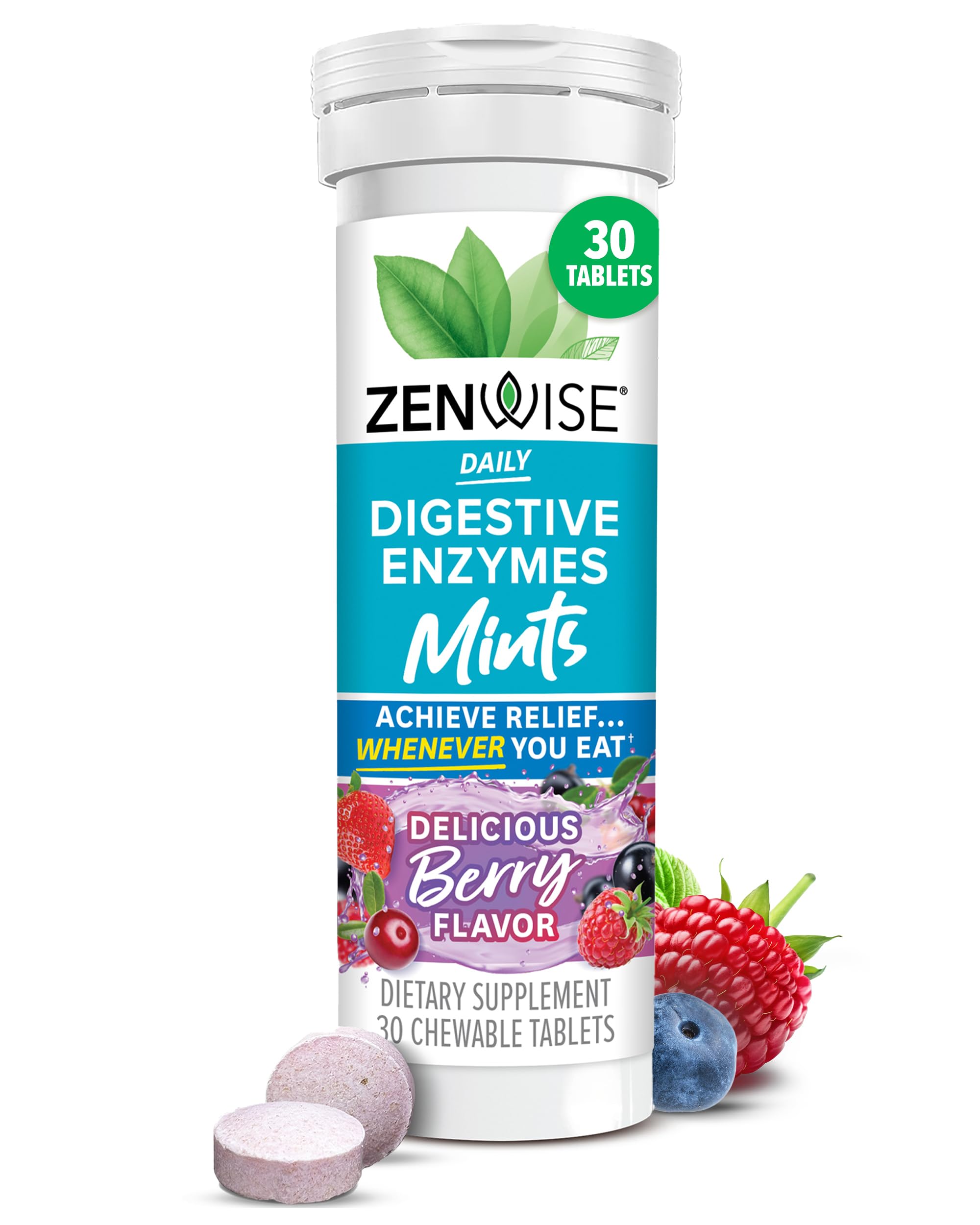 Zenwise Health Chewable Digestive Enzymes with Bromelain - Multi Enzymes for Gut Health + Relief from Bloating for Women and Men - Berry Flavour - 30ct