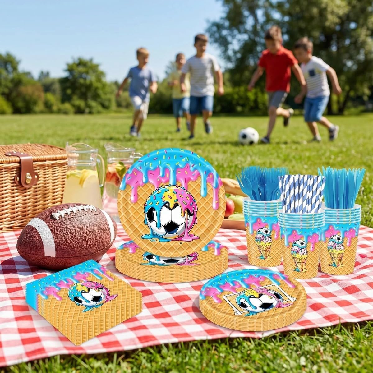 168 Pcs Soccer Ice Cream Birthday Party Supplies，Waffle Football Tableware Set，Ice Cream Soccer Design Paper Plates Cups,Napkins,Birthday Party Decorations Boys Birthday Decor，Serve 24 image 3