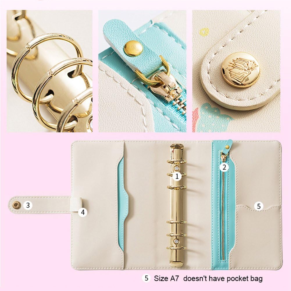 Labon's 6 Round Ring A6 Binder Softcover PU Leather Zippered Personal Organizer Refills has Ruled Dotted Squared Blank Filler Paper Loose Leaf Premium Thick 100 Sheets 5 Divider Tabs Gardener