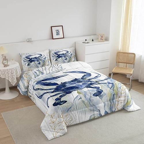 Miniatura 2 de Erosebridal Juego de edredón de cangrejo tamaño King, juego de ropa de cama con acuarela, vida marina, animales salvajes, edredón de plumón azul y