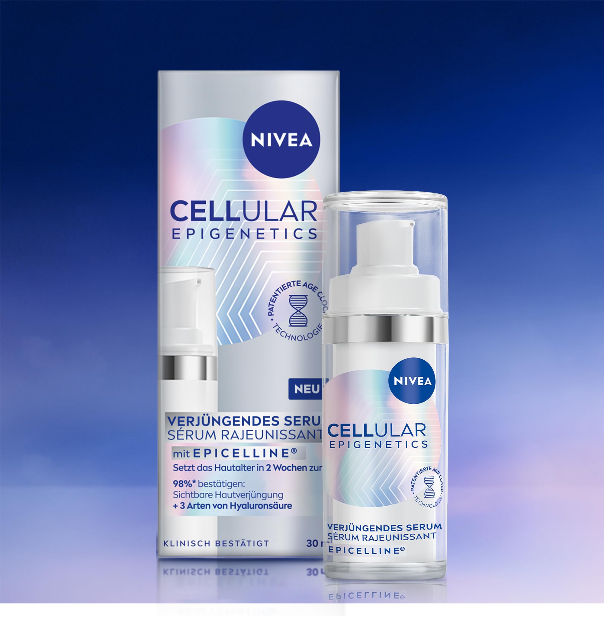 NIVEA Cellular Epigenetics Verjüngendes Serum mit EPICELLINE, setzt das Hautalter in 2 Wochen zurück, revolutionäre Gesichtspflege mit 3 Arten Hyaluronsäure (30 ml)