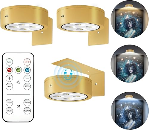 3 luces de imagen que funcionan con pilas, luz LED magnética para pintura con control remoto regulable y temporizador, 3 modos de iluminación, luz