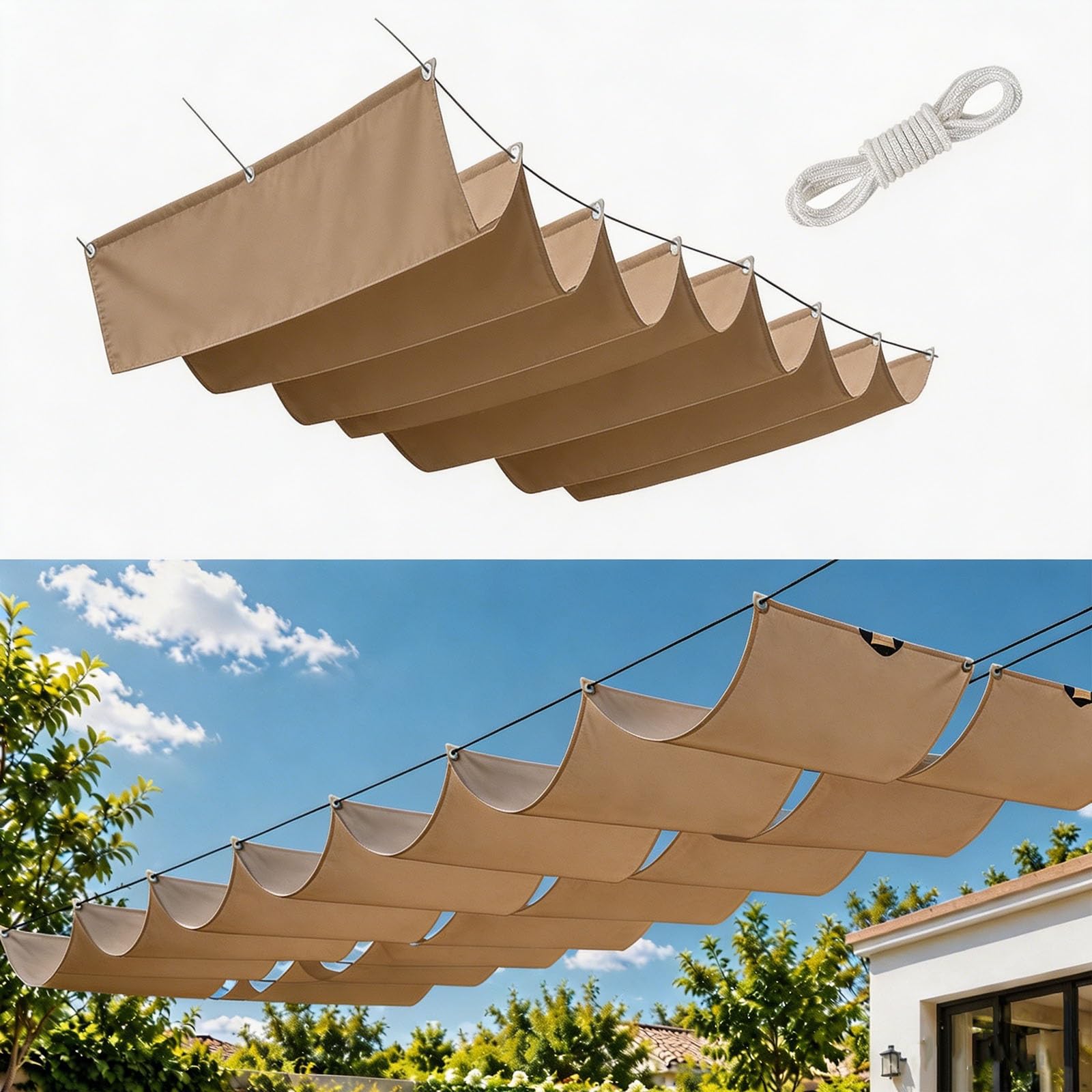 Voile ombrage exterieur pour patio rétractable vague kaki
