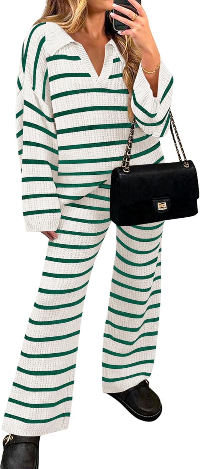 ZESICA Women's Piece Sets Fall Casual Striped Long Sleeve V Neck