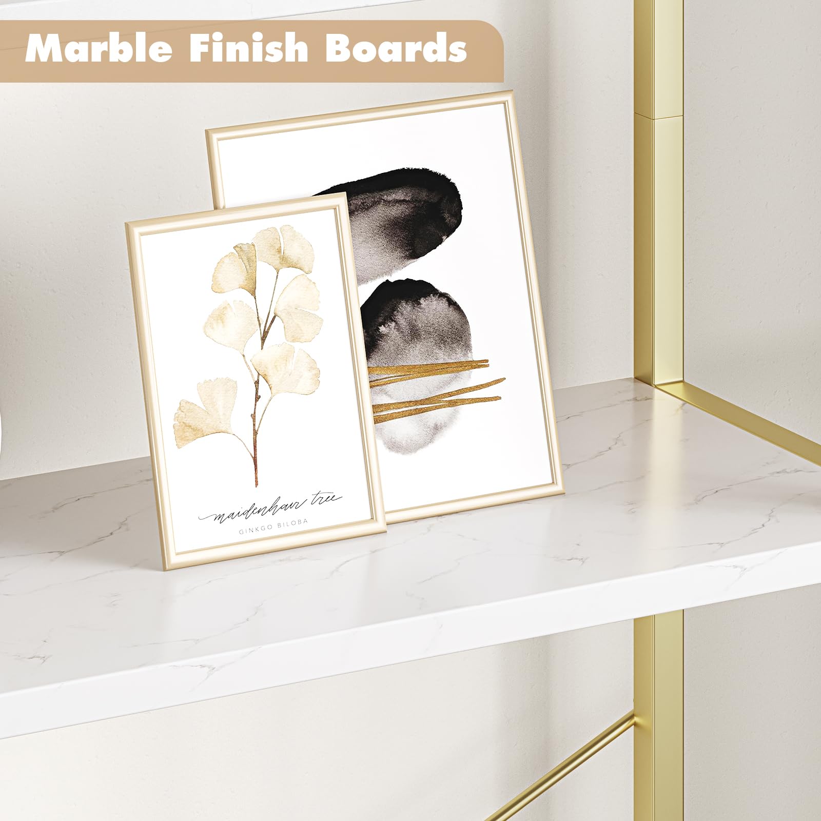 Modernes 5-stufiges Bücherregal mit elegantem Bogen – Metall-Holz Standregal – Offenes, platzsparendes Aufbewahrungsregal für Büro, Wohnzimmer oder Schlafzimmer – Robust & stilvoll – Goldenes