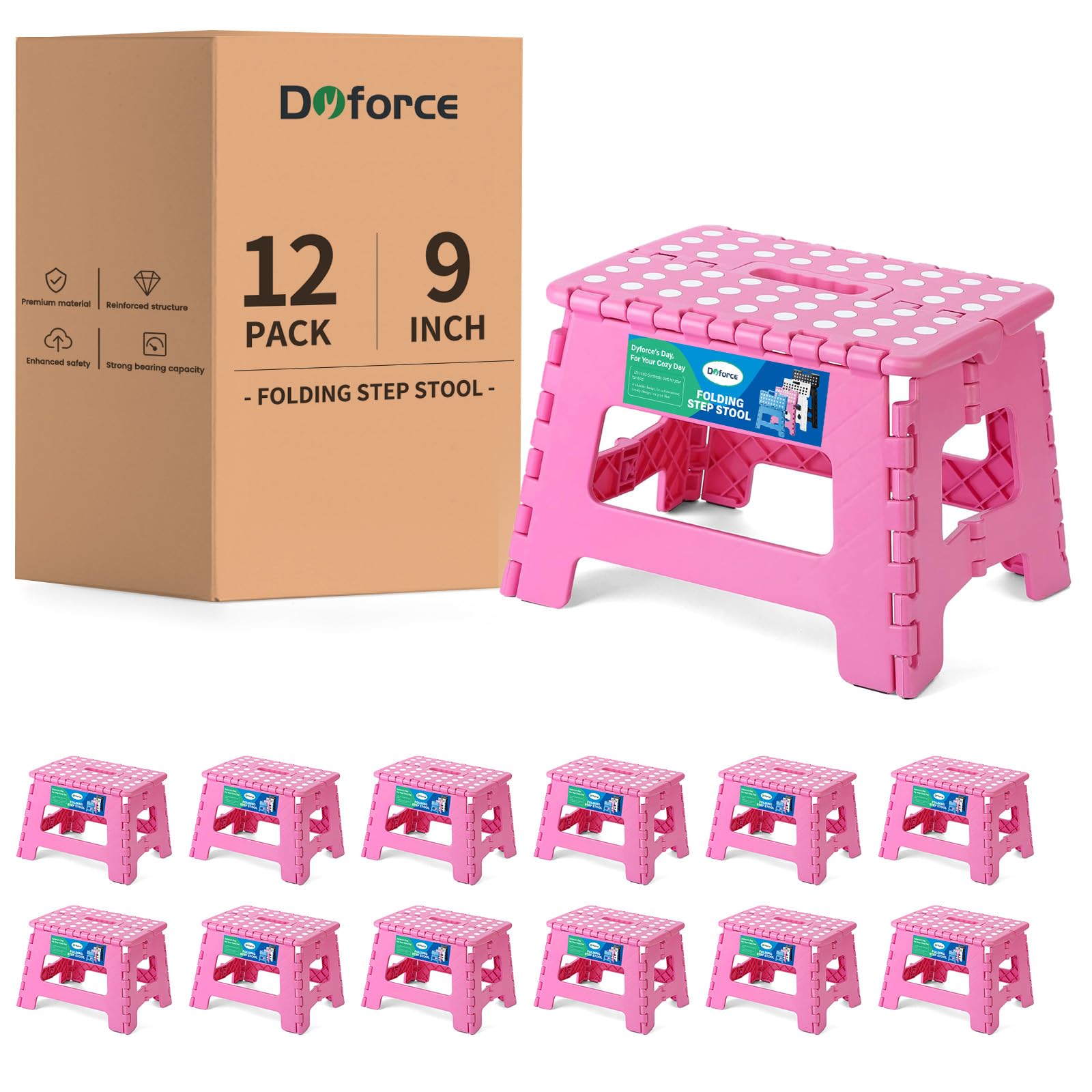 Dyforce Folding Step Stool 9", Kids Step Stool, Heavy Duty Step Stools for Adults, Compact Foot Stools, Light-Weight Toddler Step Stool for Kitchen, Bathroom, Holds Up to 300 lbs (Pink), 12Pack