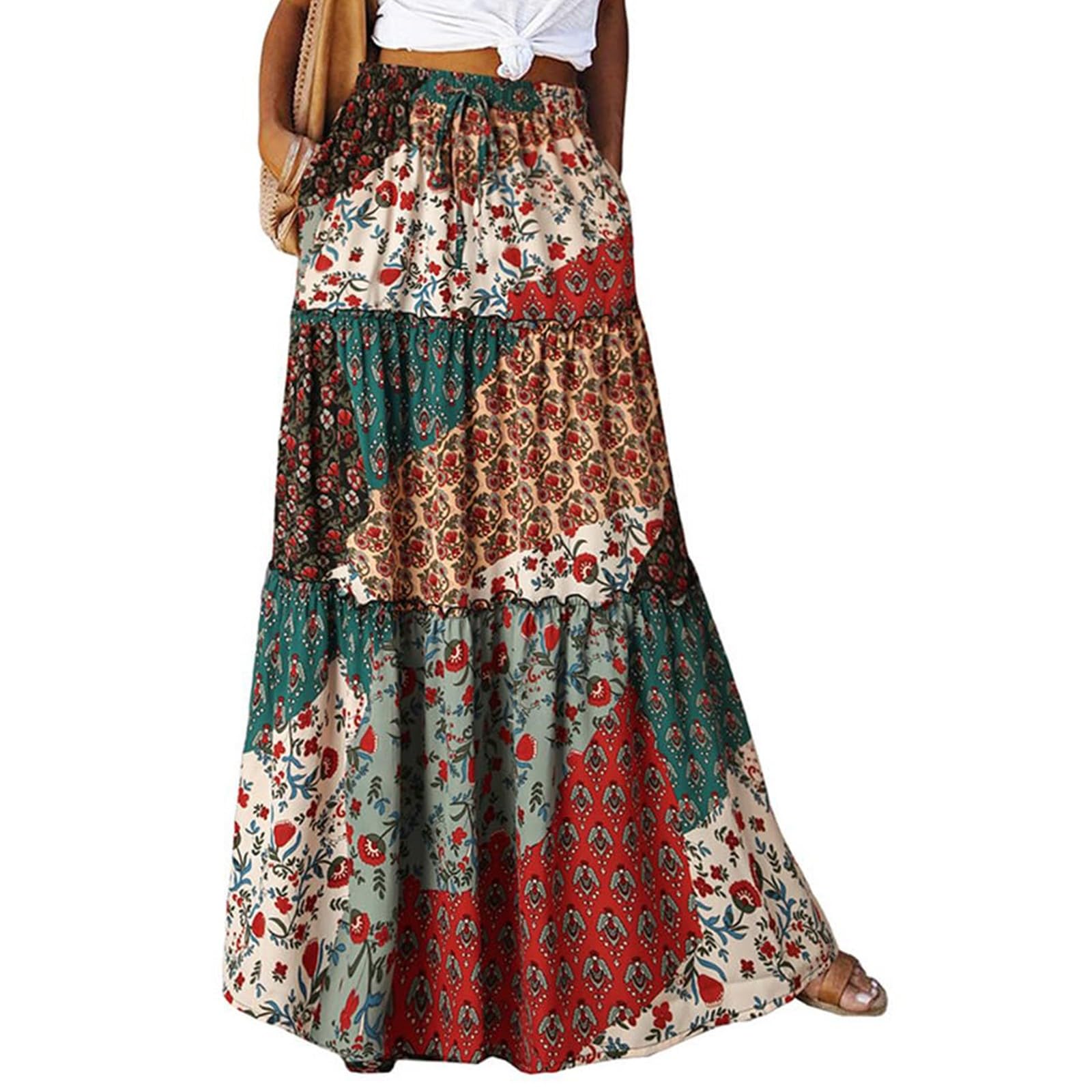 Pleated Maxi Skirts for Women Trendy Tiered Flowy Skirt Drawstring High Waisted Long Skirt A Line Ruffle Skirt