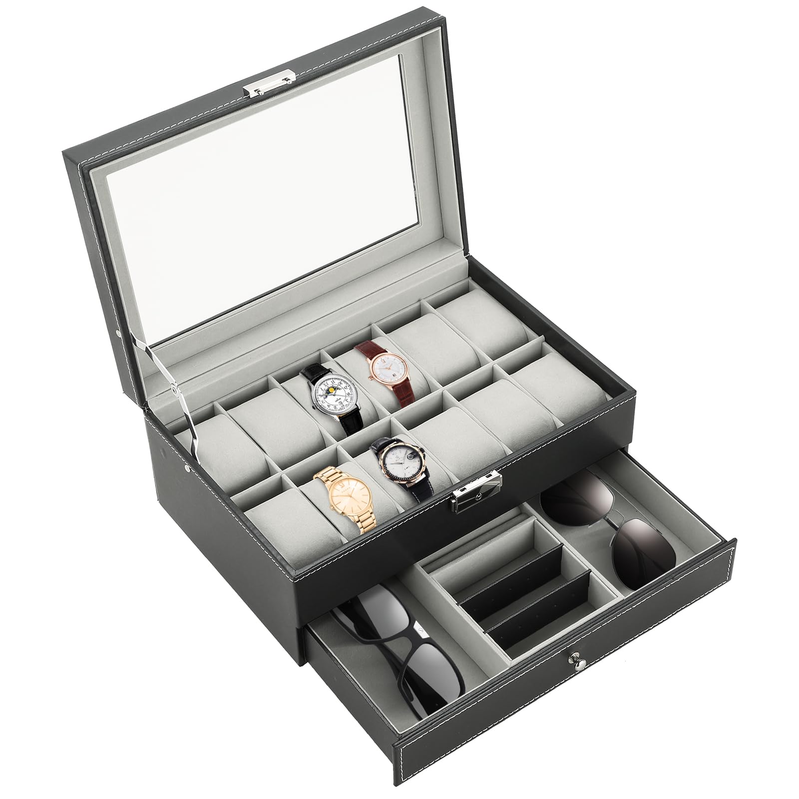 MYFULLY 12 Slots Watch Case with Jewelry Organizer Drawer for Women Men, PU Leather Watch Collection Box with Glass Lid & Removable Pillows, 2 Layers