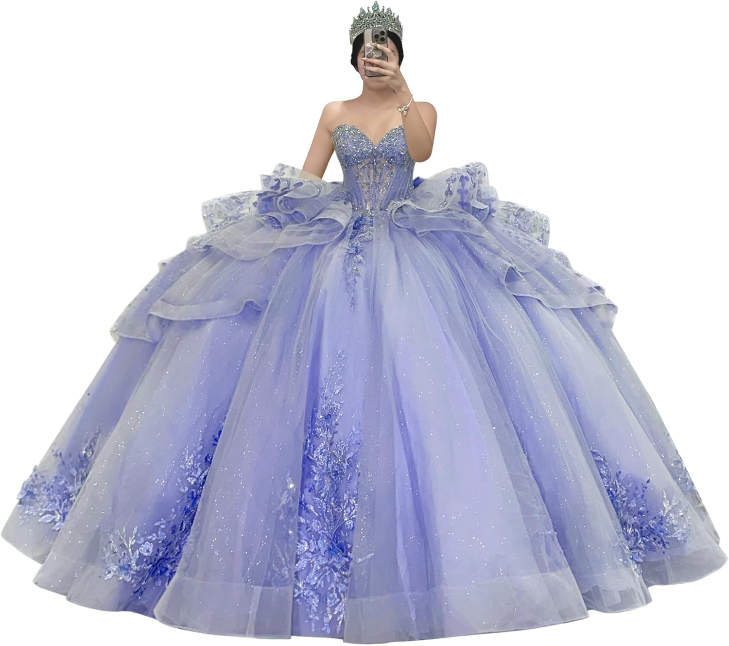 Zhangyo Sparkly Tulle Quinceanera Dresses Luxury Tiered Lace Sweet 15 16 Dresses with Bow Strapless Beaded Ball Gown